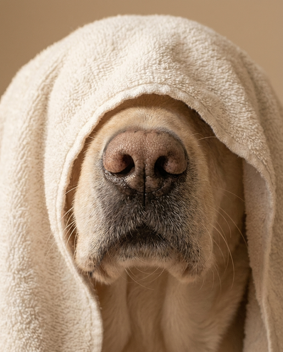 Dog wrapped comfortably in a clean white towel